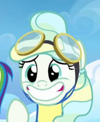 Size: 243x297 | Tagged: safe, screencap, character:rainbow dash, character:vapor trail, species:pony, episode:top bolt, g4, my little pony: friendship is magic, cropped, cute, faec, goggles, smiling, solo, vaporbetes, wonderbolt trainee uniform