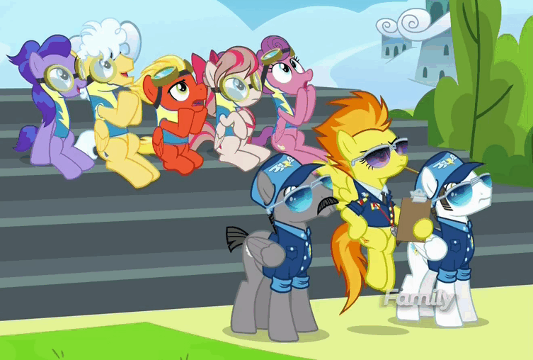 Size: 753x508 | Tagged: safe, screencap, character:angel wings, character:fast clip, character:short fuse, character:spitfire, species:pony, episode:top bolt, g4, my little pony: friendship is magic, animated, buttchin, cleft chin, discovery family logo, gif, hyacinth dawn, loosey-goosey, manerick, mountain haze, sitting, whiplash, wonderbolt trainee uniform, wonderbolts dress uniform