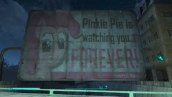 Size: 1600x900 | Tagged: safe, artist:alushythetyrant, screencap, character:pinkie pie, species:earth pony, species:pony, fallout equestria, 3d, billboard, fallout, fallout 4, fanfic, fanfic art, female, forever, game mod, looking at you, mare, ministry mares, ministry of morale, mod, pinkie pie is watching you, poster, propaganda, smiling, solo, text