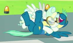 Size: 564x331 | Tagged: safe, screencap, character:sky stinger, character:vapor trail, species:pony, episode:top bolt, g4, my little pony: friendship is magic, cropped, cute, eyes closed, female, glomp, goggles, hug, legs in air, mare, on back, open mouth, out of context, plot, shipping fuel, smiling, spread wings, wings, wonderbolt trainee uniform