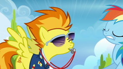 Size: 1280x720 | Tagged: safe, screencap, character:rainbow dash, character:spitfire, species:pegasus, species:pony, episode:top bolt, g4, my little pony: friendship is magic, aviator glasses, blowing, cringing, drill sergeant, duo, duo female, female, that pony sure does love whistles, whistle, whistle necklace, wonderbolts dress uniform