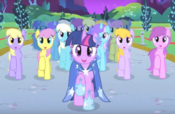 Size: 908x592 | Tagged: safe, screencap, character:diamond mint, character:drizzle, character:orange blossom, character:parasol, character:prim posy, character:twilight sparkle, species:pony, episode:the best night ever, g4, my little pony: friendship is magic, background pony, clothing, dress, gala dress, this will not end well