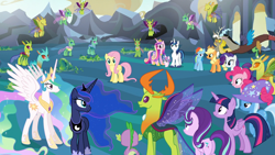 Size: 1920x1080 | Tagged: safe, screencap, character:applejack, character:discord, character:fluttershy, character:pinkie pie, character:princess cadance, character:princess celestia, character:princess flurry heart, character:princess luna, character:rainbow dash, character:rarity, character:shining armor, character:spike, character:starlight glimmer, character:thorax, character:trixie, character:twilight sparkle, character:twilight sparkle (alicorn), species:alicorn, species:changeling, species:draconequus, species:dragon, species:earth pony, species:pegasus, species:pony, species:reformed changeling, species:unicorn, episode:to where and back again, g4, my little pony: friendship is magic, baby, baby pony, changeling king, changeling slime, cocoon, cornicle, ethereal mane, female, filly, foal, male, mane six, mare, smiling