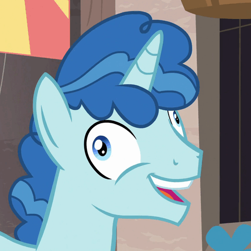 Size: 506x507 | Tagged: safe, screencap, character:party favor, species:pony, episode:to where and back again, g4, my little pony: friendship is magic, animated, derp, gif, i didn't listen, laughing, loop, open mouth, smiling, solo, wide eyes