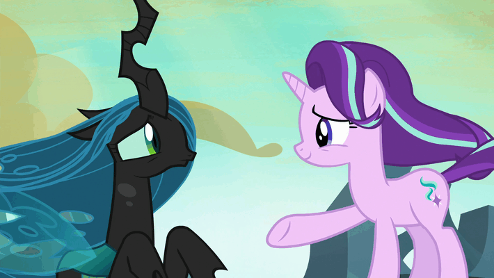 Size: 710x400 | Tagged: safe, screencap, character:queen chrysalis, character:starlight glimmer, species:changeling, episode:to where and back again, g4, my little pony: friendship is magic, animated, changeling queen, denied, female, gif, glare, refusal, second chances, slap