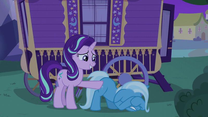 Size: 800x450 | Tagged: safe, screencap, character:starlight glimmer, character:trixie, species:pony, species:unicorn, episode:to where and back again, g4, my little pony: friendship is magic, animated, butt touch, comforting, covering eyes, cowering, face down ass up, female, frightened, gif, hoof on butt, loop, mare, patting, shaking, trixie's wagon