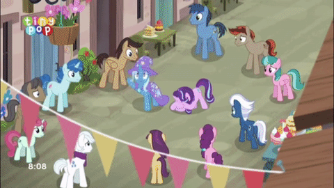 Size: 480x270 | Tagged: safe, screencap, character:double diamond, character:ivy vine, character:party favor, character:starlight glimmer, character:sugar belle, character:trixie, species:pony, episode:to where and back again, g4, my little pony: friendship is magic, animated, gif, our town, smoke bomb