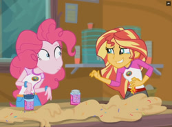 Size: 1382x1017 | Tagged: safe, screencap, character:pinkie pie, character:sunset shimmer, equestria girls:legend of everfree, g4, my little pony:equestria girls, crying, faec, female, laughing, legend of everfree - bloopers, tears of laughter