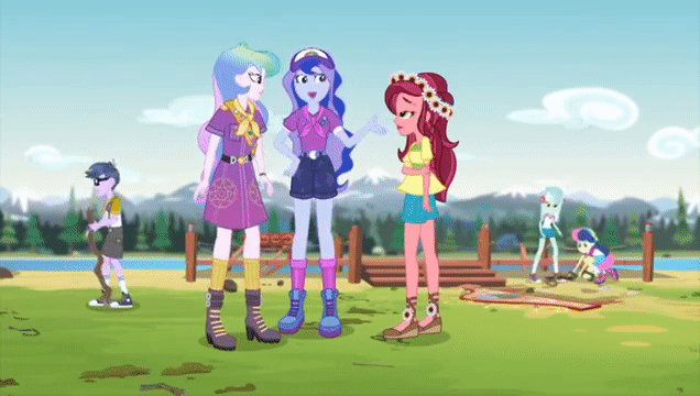 Size: 636x360 | Tagged: safe, screencap, character:bon bon, character:gloriosa daisy, character:lyra heartstrings, character:microchips, character:princess celestia, character:princess luna, character:principal celestia, character:sweetie drops, character:vice principal luna, equestria girls:legend of everfree, g4, my little pony:equestria girls, animated, animated actors, blooper, boots, camp everfree logo, camp everfree outfits, cap, clothing, converse, cute, gif, hat, hiccup, legend of everfree - bloopers, legs, lunabetes, sash, scarf, shoes, shorts, sneakers, socks, vice principal luna