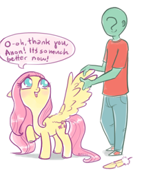 Size: 712x850 | Tagged: safe, artist:mcponyponypony, character:fluttershy, oc, oc:anon, species:human, anonymous, blushing, cute, dialogue, feather, looking up, preening, raised hoof, shyabetes, simple background, speech bubble, spread wings, white background, wing massage, wings