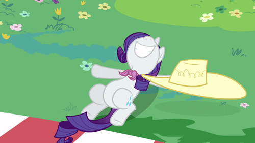 Size: 500x281 | Tagged: safe, screencap, character:rarity, episode:a canterlot wedding, g4, my little pony: friendship is magic, animated, clothing, flower, gif, grass, grin, happy, hat, picnic, smiling, solo, swoon