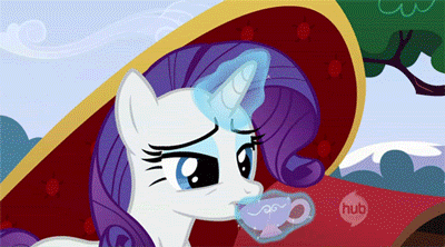 Size: 400x222 | Tagged: safe, screencap, character:rarity, character:twilight sparkle, episode:lesson zero, g4, my little pony: friendship is magic, animated, cup, duo, fainting couch, food, hub logo, messy mane, puffy cheeks, spit take, spitting, tea, teacup, teleportation