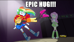 Size: 1366x768 | Tagged: safe, screencap, character:fluttershy, character:rainbow dash, character:sunset shimmer, my little pony:equestria girls, clothing, discovery family logo, meme, skirt, tackle