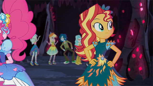 Size: 640x360 | Tagged: safe, screencap, character:captain planet, character:derpy hooves, character:flash sentry, character:lyra heartstrings, character:paisley, character:pinkie pie, character:sunset shimmer, equestria girls:legend of everfree, g4, my little pony:equestria girls, animated, animated actors, big lipped alligator moment, blooper, candy, confused, crystal gala dress, dancing, disturbed, female, food, frown, gif, glowing eyes, gritted teeth, gumdrop, legend of everfree - bloopers, lidded eyes, looking at you, marshmallow, pinkie's imagination, pinkie's mindspace, rainbow, shrug, shrugset shimmer, sliding, smiling, sunset sees things, talking, wat, wide eyes