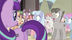 Size: 1100x618 | Tagged: safe, screencap, character:starlight glimmer, species:pony, episode:the cutie map, g4, my little pony: friendship is magic, crowd, equal cutie mark, female, gasp, mare, out of context, plot, realization, stare