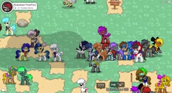 Size: 1440x783 | Tagged: safe, screencap, character:double diamond, oc, oc:milky way, oc:seafood dinner, oc:sign, species:pony, pony town, clothing, derp, female, mare, open mouth, socks, striped socks