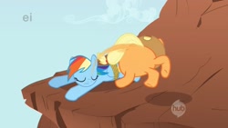 Size: 1344x756 | Tagged: safe, screencap, character:applejack, character:rainbow dash, episode:fall weather friends, g4, my little pony: friendship is magic, crab pony, ei, great moments in animation, hub logo, hubble, rope, spiderjack, the hub, wat