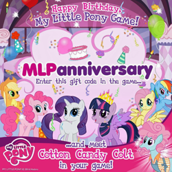 Size: 716x716 | Tagged: safe, gameloft, official, screencap, character:applejack, character:fluttershy, character:pinkie pie, character:rainbow dash, character:rarity, character:twilight sparkle, character:twilight sparkle (alicorn), species:alicorn, species:pony, anniversary, cotton candy colt, mane six, my little pony logo