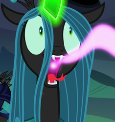 Size: 677x719 | Tagged: safe, screencap, character:queen chrysalis, species:changeling, episode:to where and back again, g4, my little pony: friendship is magic, changeling feeding, changeling queen, cropped, female, magic, nightmare fuel, open mouth, solo focus