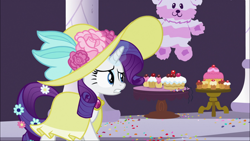 Size: 1920x1080 | Tagged: safe, screencap, character:rarity, species:pony, episode:sweet and elite, g4, my little pony: friendship is magic, cake, clothing, dress, food, hat, piñata, rarity looking at food, solo