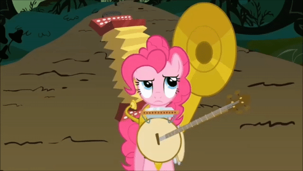 Size: 600x338 | Tagged: safe, screencap, character:pinkie pie, species:earth pony, species:pony, episode:swarm of the century, g4, my little pony: friendship is magic, accordion, animated, banjo, cymbals, female, gif, harmonica, mare, musical instrument, one-pony band, solo, sousaphone, tambourine, tuba