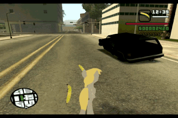Size: 360x240 | Tagged: safe, screencap, character:derpy hooves, species:pegasus, species:pony, animated, banana, car, food, game mod, gif, grand theft auto, gta san andreas, police, russian, solo, wat