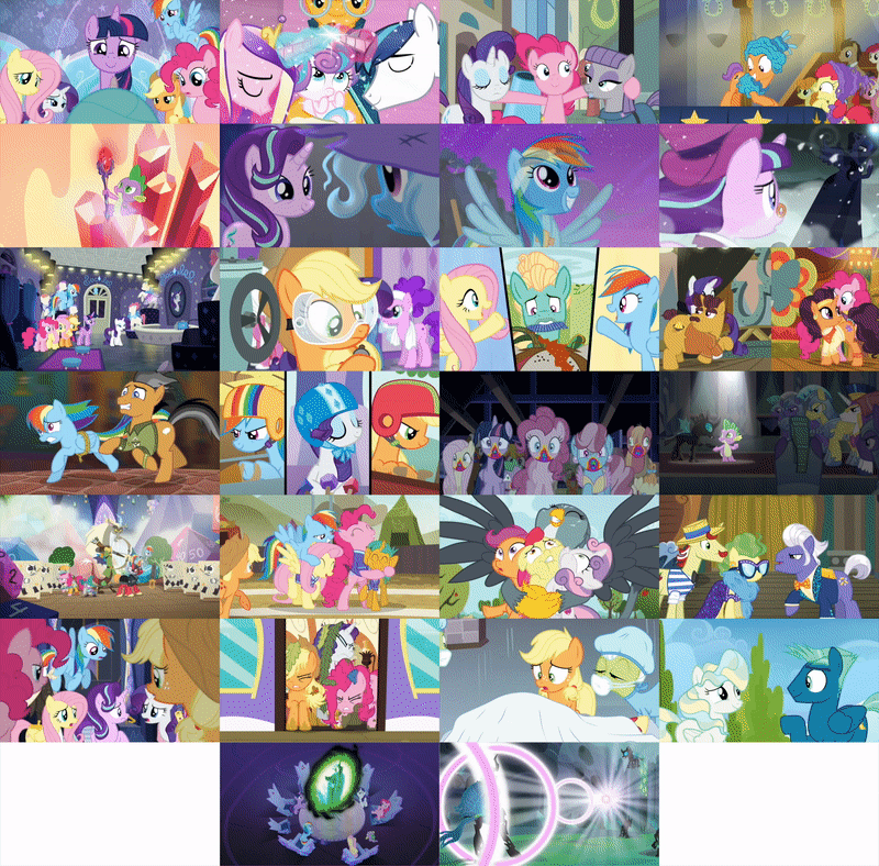 Size: 800x788 | Tagged: safe, screencap, character:apple bloom, character:applejack, character:big mcintosh, character:carrot top, character:coriander cumin, character:cup cake, character:discord, character:doctor whooves, character:flam, character:fluttershy, character:gabby, character:gladmane, character:golden harvest, character:granny smith, character:lily, character:lily valley, character:maud pie, character:pinkie pie, character:princess cadance, character:princess flurry heart, character:princess luna, character:pumpkin cake, character:queen chrysalis, character:quibble pants, character:rainbow dash, character:rarity, character:roseluck, character:saffron masala, character:scootaloo, character:shining armor, character:sky stinger, character:snails, character:snowfall frost, character:spike, character:starlight glimmer, character:sunburst, character:sweetie belle, character:tender taps, character:thorax, character:time turner, character:trixie, character:twilight sparkle, character:twilight sparkle (alicorn), character:vapor trail, character:zephyr breeze, species:alicorn, species:changeling, species:griffon, species:pegasus, species:pony, species:unicorn, episode:28 pranks later, episode:a hearth's warming tail, episode:applejack's day off, episode:buckball season, episode:dungeons & discords, episode:every little thing she does, episode:flutter brutter, episode:gauntlet of fire, episode:newbie dash, episode:no second prances, episode:on your marks, episode:p.p.o.v. (pony point of view), episode:spice up your life, episode:stranger than fanfiction, episode:the cart before the ponies, episode:the crystalling, episode:the fault in our cutie marks, episode:the gift of the maud pie, episode:the saddle row review, episode:the times they are a changeling, episode:to where and back again, episode:top bolt, episode:viva las pegasus, episode:where the apple lies, g4, my little pony: friendship is magic, animated, bard pie, captain wuzz, changeling queen, clothing, collage, cutie mark, cutie mark crusaders, disguise, dungeons and dragons, female, filly, garbuncle, gif, gifs, impossibly rich, male, mane seven, mane six, ogres and oubliettes, race swap, rainbow rogue, royal guard, season 6, sir mcbiggen, spirit of hearth's warming yet to come, the cmc's cutie marks, unicorn big mac, wall of tags, wonderbolts uniform