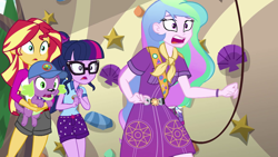 Size: 1280x720 | Tagged: safe, screencap, character:princess celestia, character:principal celestia, character:spike, character:spike (dog), character:sunset shimmer, character:twilight sparkle, character:twilight sparkle (scitwi), species:dog, species:eqg human, equestria girls:legend of everfree, g4, my little pony:equestria girls, climbing wall, shocked