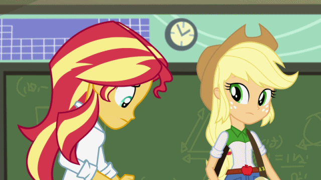 Size: 640x360 | Tagged: safe, screencap, character:applejack, character:sunset shimmer, episode:the science of magic, equestria girls:friendship games, g4, my little pony:equestria girls, animated, gif, out of context