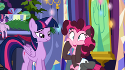 Size: 1366x768 | Tagged: safe, screencap, character:pinkie pie, character:twilight sparkle, character:twilight sparkle (alicorn), species:alicorn, species:pony, episode:hearthbreakers, g4, my little pony: friendship is magic, dirty, fireplace, saddle bag, soot, squishy cheeks, twilight's castle