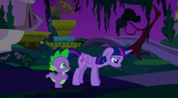 Size: 1440x795 | Tagged: safe, screencap, character:spike, character:twilight sparkle, character:twilight sparkle (alicorn), species:alicorn, species:pony, episode:amending fences, g4, my little pony: friendship is magic, bridge, canterlot, dejected, floppy ears, fountain, orrery, outdoors, park, sad