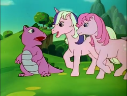 Size: 750x570 | Tagged: safe, screencap, character:cotton candy (g1), character:spike (g1), character:twilight (g1), episode:rescue at midnight castle, g1