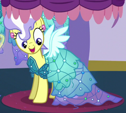 Size: 463x414 | Tagged: safe, screencap, character:upper crust, species:pony, species:unicorn, episode:canterlot boutique, g4, my little pony: friendship is magic, background pony, clothing, cute, dress, ear piercing, earring, female, jewelry, mare, outfit catalog, piercing, princess dress, solo