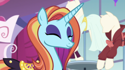 Size: 1280x720 | Tagged: safe, screencap, character:sassy saddles, species:pony, episode:canterlot boutique, g4, my little pony: friendship is magic, cute, eyes closed, sassybetes, smiling, solo