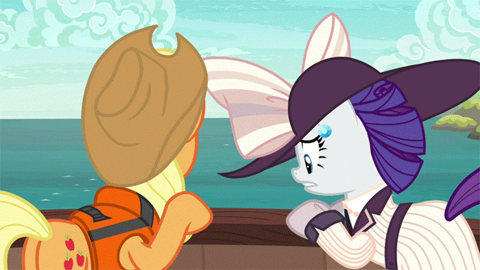 Size: 700x394 | Tagged: safe, screencap, character:applejack, character:pinkie pie, character:rarity, species:pony, episode:p.p.o.v. (pony point of view), g4, my little pony: friendship is magic, animated, boat, clothing, costume, gif, lifejacket, raristocrat, rose dewitt bukater, subtitles, titanic