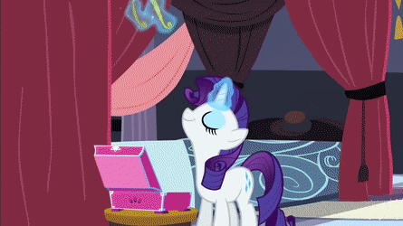 Size: 445x250 | Tagged: safe, screencap, character:rarity, species:pony, episode:sweet and elite, g4, my little pony: friendship is magic, animated, becoming popular, fabulous, gif, jewelry, magic, mascara, ponyquin, solo, telekinesis, tiara