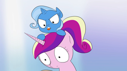 Size: 1366x768 | Tagged: safe, artist:doublewbrothers, screencap, character:princess cadance, character:trixie, species:pony, animated at source, duo, filly, gradient background, teen princess cadance, thought crimes, tongue out