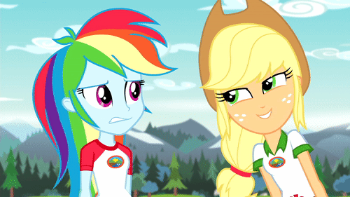Size: 500x281 | Tagged: safe, screencap, character:applejack, character:rainbow dash, equestria girls:legend of everfree, g4, my little pony:equestria girls, animated, gif, hammer, rainbow dash is not amused, tree