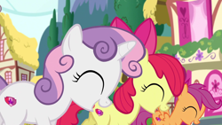 Size: 1920x1080 | Tagged: safe, screencap, character:apple bloom, character:scootaloo, character:sweetie belle, species:pegasus, species:pony, episode:crusaders of the lost mark, g4, my little pony: friendship is magic, cutie mark, cutie mark crusaders, door, eyes closed, female, filly, smiling, the cmc's cutie marks, tree, window