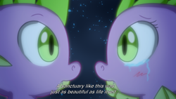 Size: 758x427 | Tagged: safe, artist:chiptunebrony, screencap, character:barb, character:spike, species:dragon, anime, baby, baby dragon, barbabetes, blurry, crying, cute, dark background, ending, expression, fake screencap, farewell, female, finale, glow, male, romantic, rule 63, rule63betes, sad, sapphire, self ponidox, selfcest, shards, shipping, spikebarb, stars, straight, subtitles