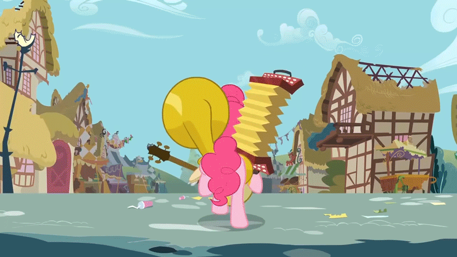 Size: 900x506 | Tagged: safe, screencap, character:pinkie pie, species:earth pony, species:pony, episode:swarm of the century, g4, my little pony: friendship is magic, accordion, animated, banjo, cymbals, female, gif, harmonica, mare, musical instrument, one-pony band, parasprite, ponyville, sousaphone, tambourine, tuba