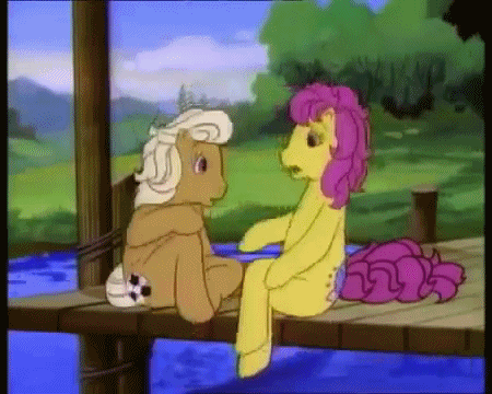Size: 450x360 | Tagged: safe, screencap, character:ace (g1), character:bon bon (g1), species:pony, episode:the great lemonade stand wars, g1, my little pony tales, ace-hole, animated, animation error, bipedal, gif, running, sitting, waving