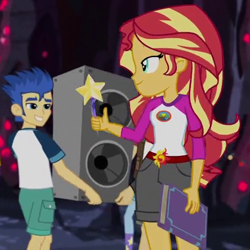 Size: 425x425 | Tagged: safe, screencap, character:flash sentry, character:sunset shimmer, equestria girls:legend of everfree, g4, my little pony:equestria girls, book, carrying, cropped, pen, shipping fuel, speaker
