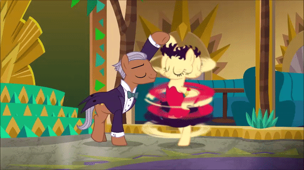 Size: 600x337 | Tagged: safe, screencap, species:pony, episode:dungeons & discords, animated, betty boop, betty hoof, bloomers, bracelet, clothing, dancing, dress, flapper, garter, gif, good trick, jewelry, ponified, slowed down, spinning, tuxedo