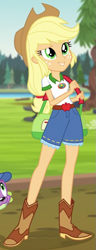 Size: 335x868 | Tagged: safe, screencap, character:applejack, character:spike, character:spike (dog), species:dog, equestria girls:legend of everfree, g4, my little pony:equestria girls, boots, clothing, cowboy boots, cowboy hat, cropped, duffle bag, freckles, hat, shorts, solo, stetson