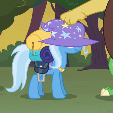 Size: 441x443 | Tagged: safe, screencap, character:discord, character:trixie, species:pony, species:unicorn, episode:to where and back again, g4, my little pony: friendship is magic, animated, bag, clothing, female, gif, mare, pat, patting, solo focus, trixie is not amused, trixie's hat, unamused, unhappy