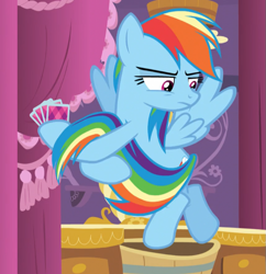 Size: 643x663 | Tagged: safe, screencap, character:rainbow dash, species:pegasus, species:pony, episode:make new friends but keep discord, g4, my little pony: friendship is magic, annoyed, card, cropped, female, flying, frown, glare, holding, holding tail, looking down, mare, multicolored hair, narrowed eyes, playing card, rainbow dash is not amused, solo, spread wings, unamused, wings, yank