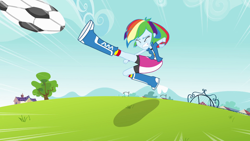 Size: 1920x1080 | Tagged: safe, screencap, character:rainbow dash, my little pony:equestria girls, ball, boots, clothing, compression shorts, field, football, goal, kick, skirt, solo, wristband