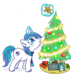 Size: 900x950 | Tagged: safe, artist:mcponyponypony, oc, oc only, oc:alba frostine, blushing, christmas, christmas lights, christmas theme, christmas tree, clothing, levitation, looking up, magic, open mouth, ornament, present, scarf, simple background, smiling, solo, telekinesis, tree, white background