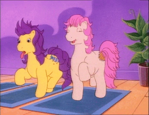 Size: 500x386 | Tagged: safe, screencap, character:bon bon (g1), character:patch (g1), species:pony, episode:bon bon's diary, g1, my little pony tales, animated, dolly zoom, exercise, eyes closed, frazzled, gif, happy, house plant, mat, panting, plant, skipping, surprised, tongue out, trotting, trotting in place, zoom